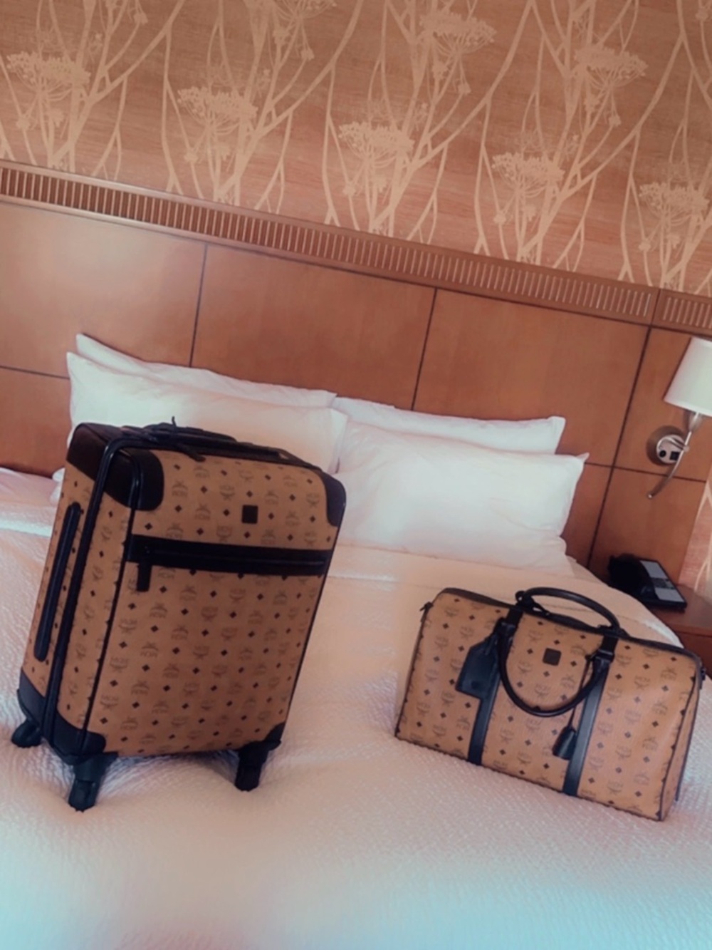 MCM Tan Monogram Rolling Suitcase and Duffel Set with Black Trim